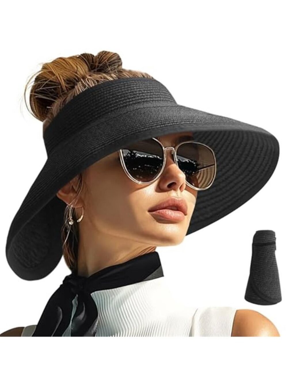 Black Wide Brim Sun Visor Hat Women Foldable Packable Beach Golf Summer Hat